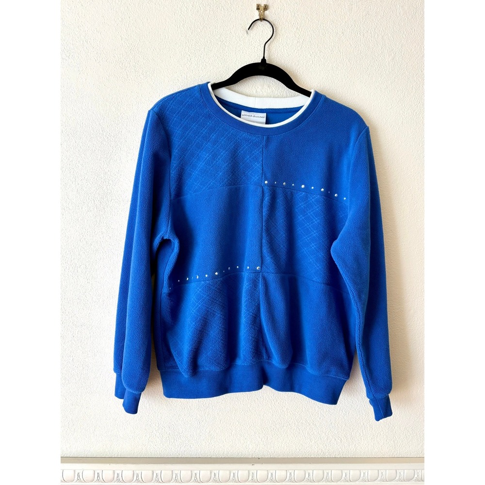 Alfred Dunner Petite Blue Fleece Sweatshirt Studded Quilted Pullover PM